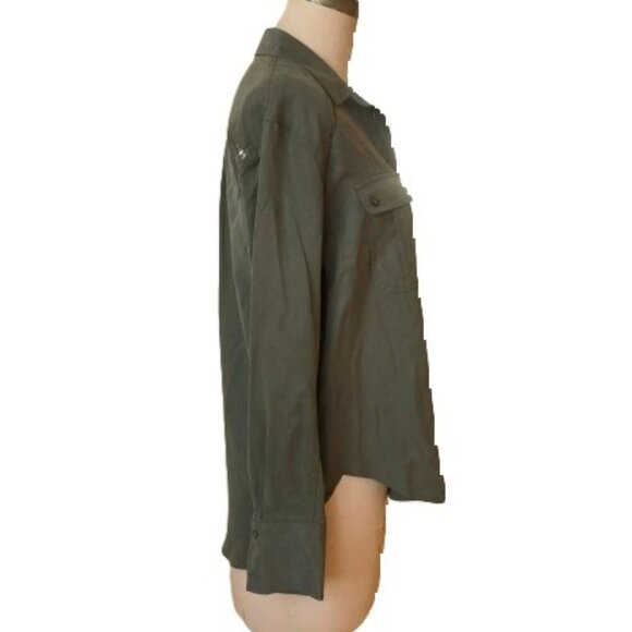 Free People Off Campus Shirt Moss Olive Metallic, utility boho army button down - Picture 6 of 16